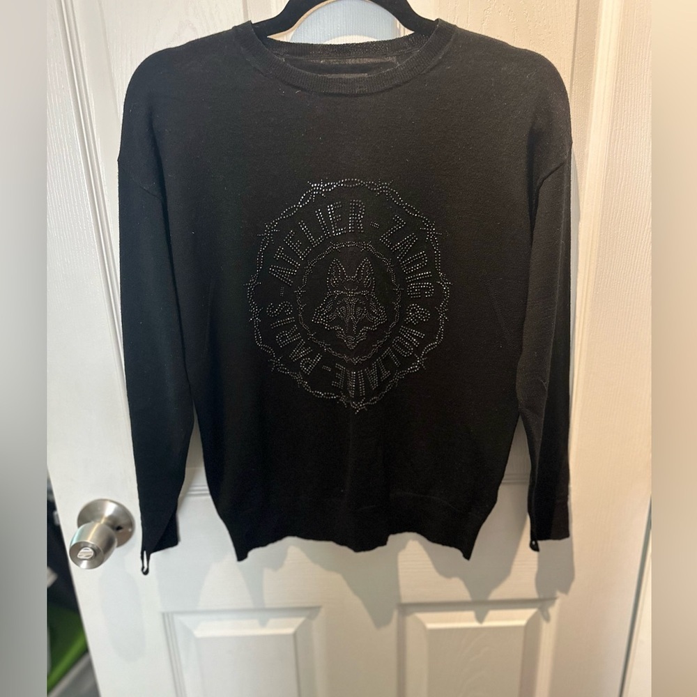 Zadig & Voltaire Black Beaded Fox Wool Sweater Size Small Rhinestone retail 600